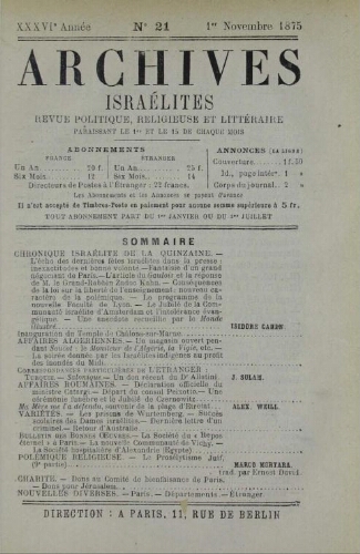 Archives israélites de France. Vol.36 N°21 (01 nov. 1875)